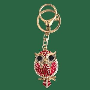 Whimsical Red Crystal Owl Bag Charm / Keychain